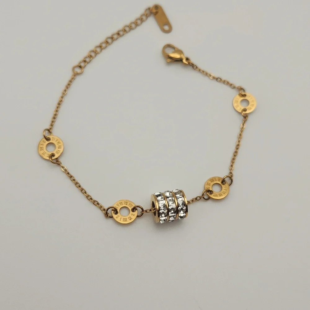 Gold Tone Roman Numeral Chain Bracelet | Zircon Accent Detail | Elegant Minimal - Picture 4 of 7